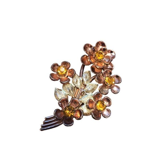 Vintage Sterling Flower Floral Amber Brooch Pin - Picture 1 of 4